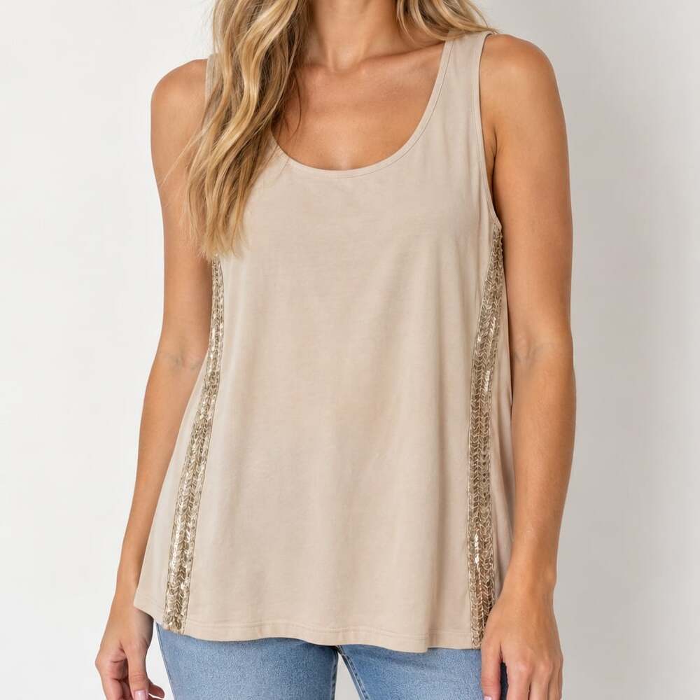 Worthington Beige Scoop Neck Tank Top with Gold Sequin Side Stripes